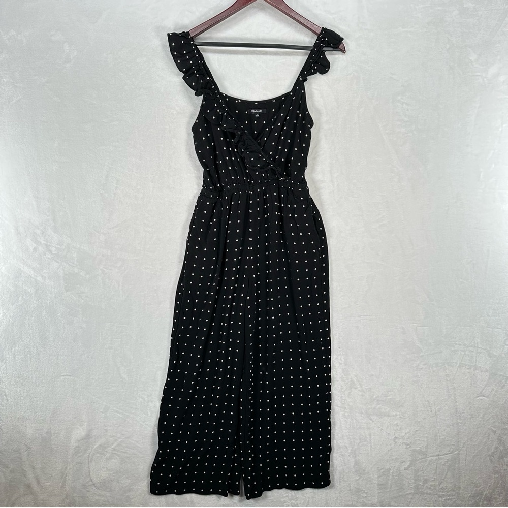 Madewell Jumpsuit Womens 6 Black Polka Dot Wide Leg Sleeveless Ruffle Pockets
